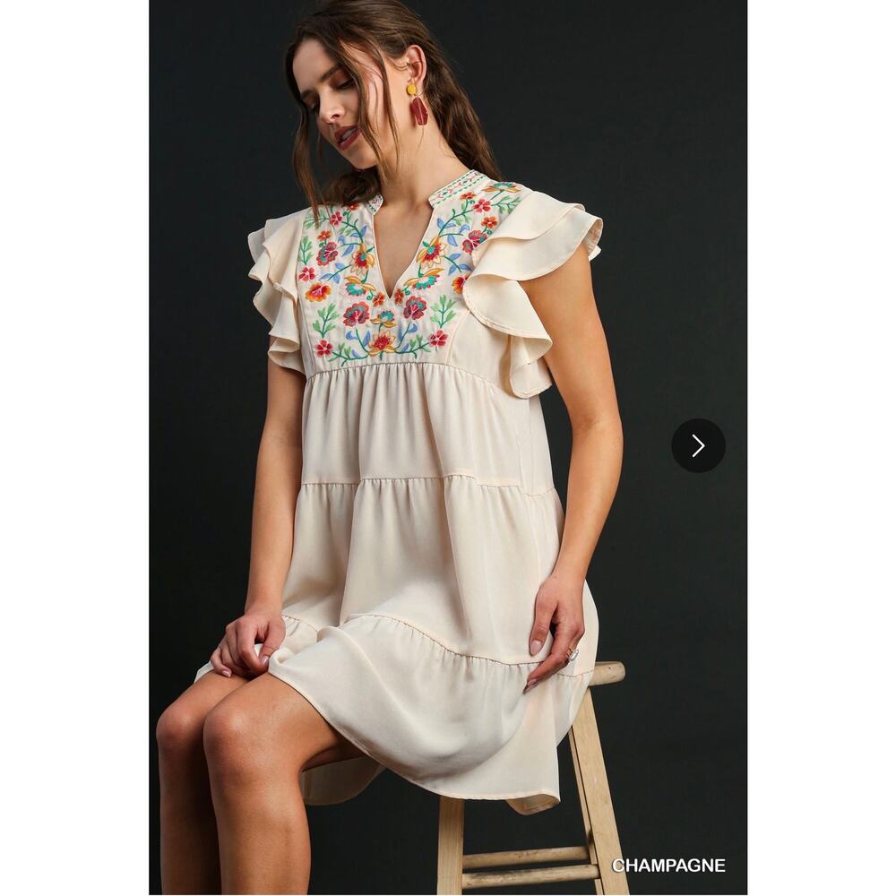 Umgee - Embroidery Split Neck Dress - Medium